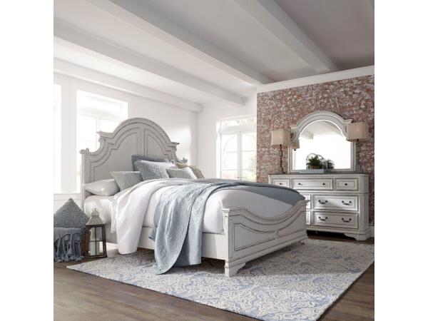 Magnolia Manor Queen Panel Bed, Dresser & Mirror Bedroom Sets Antique White & Weathered Bark 2