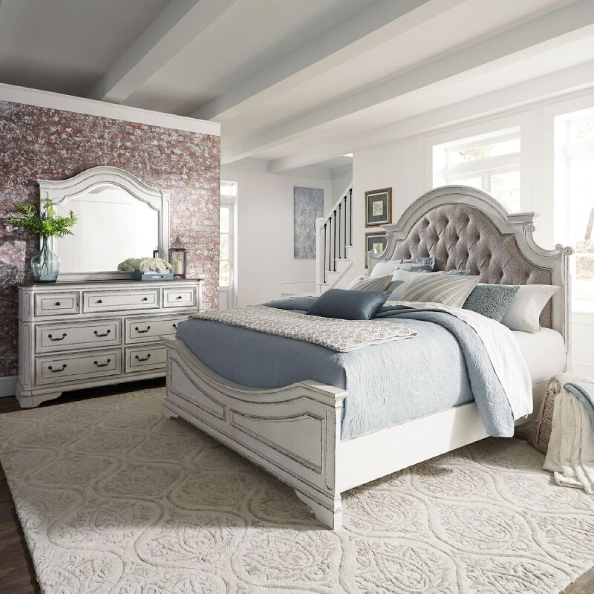 Magnolia Manor King Uph Bed, Dresser & Mirror Bedroom Sets Antique White & Weathered Bark 2 Magnolia Manor King Uph Bed, Dresser & Mirror Bedroom Sets Antique White & Weathered Bark 2