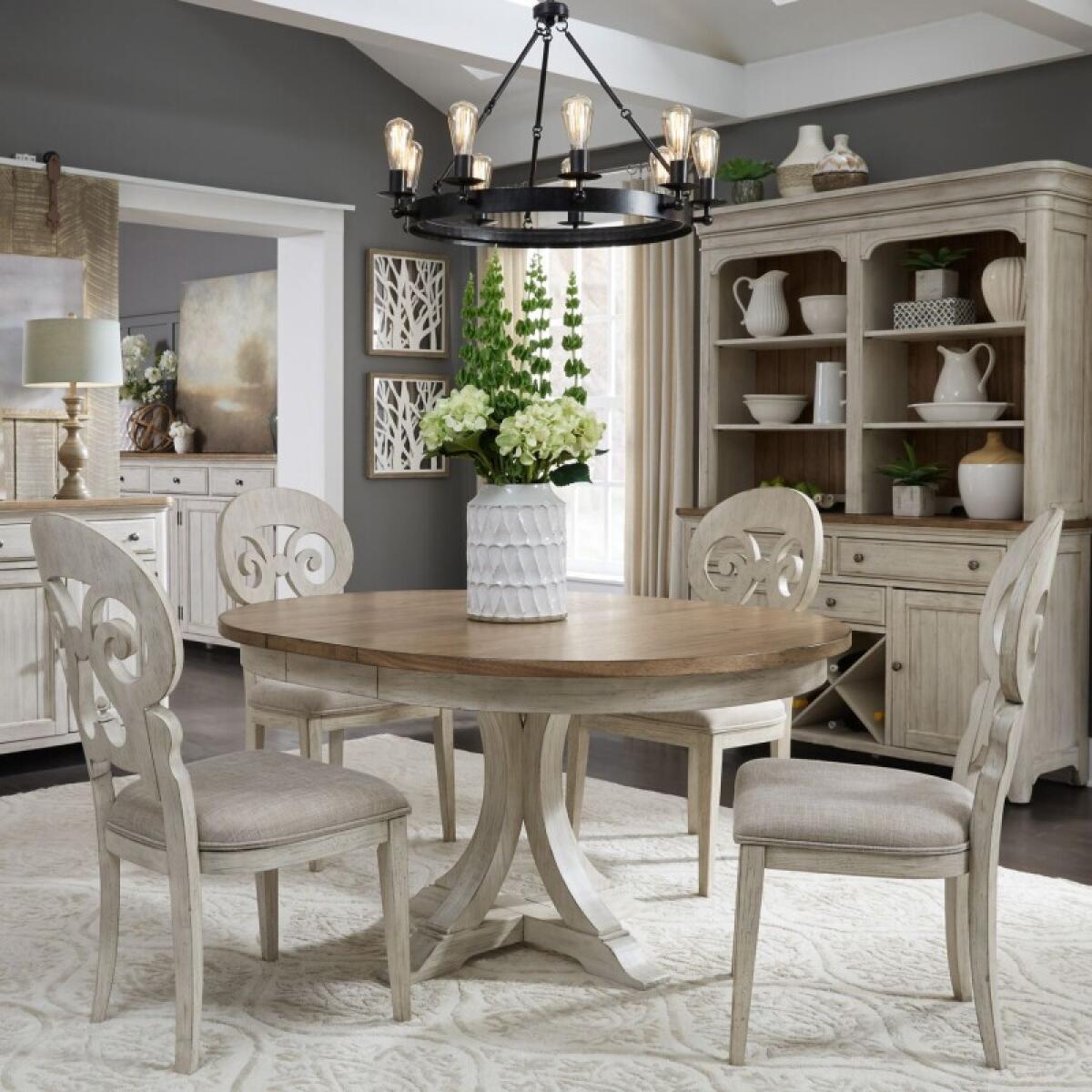 a4f7cf4cc1c56baf5cc823118269cfd8 Farmhouse Reimagined 5 Piece Pedestal Table Set - Image 1