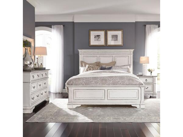 Abbey Park King Panel Bed, Dresser & Mirror, Night Stand Bedroom Sets Antique White & Weathered Brown