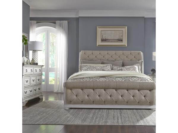 Abbey Park King California Sleigh Bed, Dresser & Mirror Bedroom Sets Antique White & Weathered Brown 2