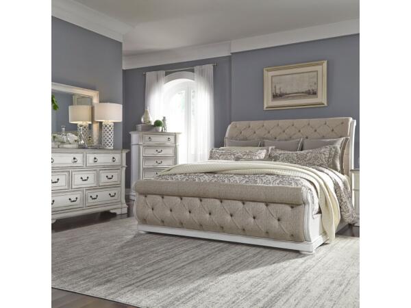 Abbey Park King California Sleigh Bed, Dresser & Mirror, Chest Bedroom Sets Antique White & Weathered Brown