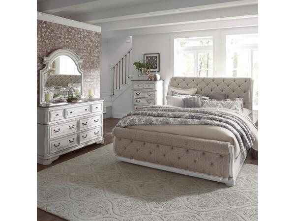 Magnolia Manor Queen Uph Sleigh Bed, Dresser & Mirror, Chest Bedroom Sets Antique White & Weathered Bark