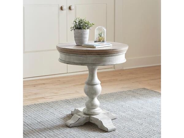 Heartland Round Pedestal Chair Side Table Chairside Tables Antique White w/ Tobacco Tops