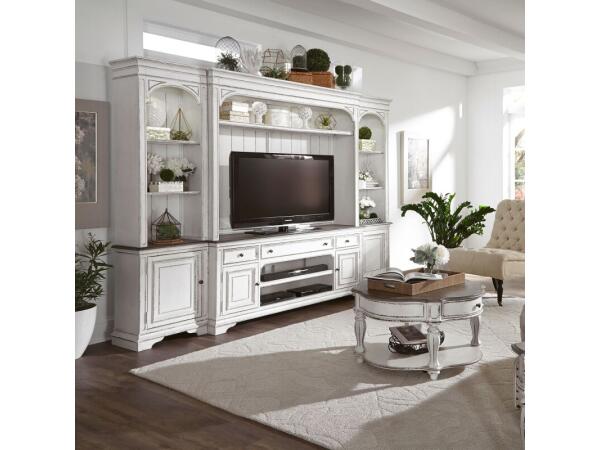 Magnolia Manor Entertainment Center with Piers Entertainment Stands Antique White & Weathered Bark