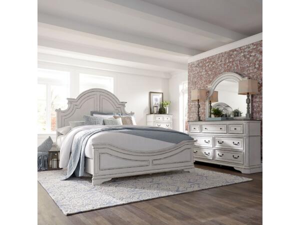Magnolia Manor King California Panel Bed, Dresser & Mirror, Chest Bedroom Sets Antique White & Weathered Bark 2