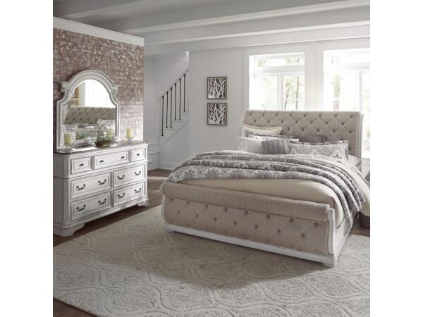 Magnolia Manor Queen Uph Sleigh Bed, Dresser & Mirror Bedroom Sets Antique White & Weathered Bark