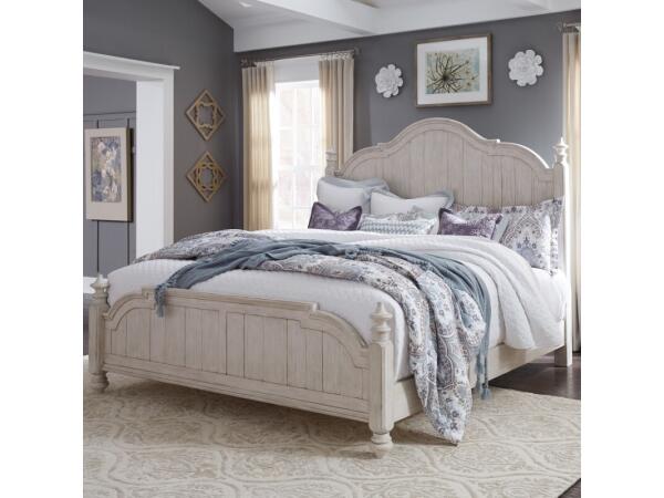 Farmhouse Reimagined Queen Poster Bed Beds Antique White w/ Chestnut Tops