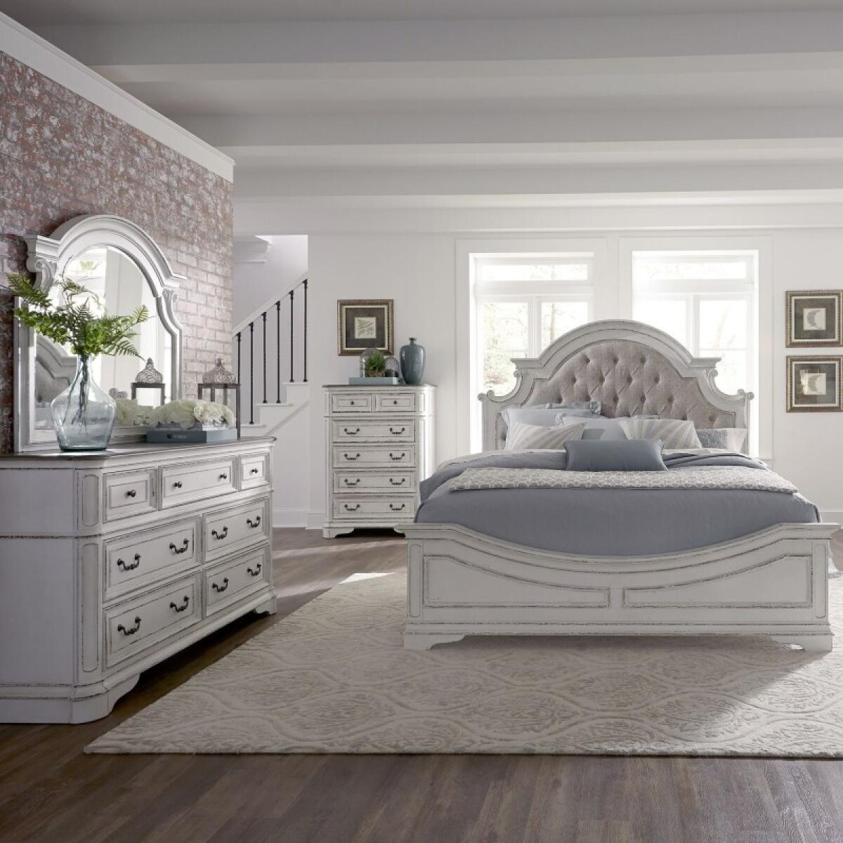 Magnolia Manor King Uph Bed, Dresser & Mirror, Chest Bedroom Sets Antique White & Weathered Bark 2 Magnolia Manor King Uph Bed, Dresser & Mirror, Chest Bedroom Sets Antique White & Weathered Bark 2