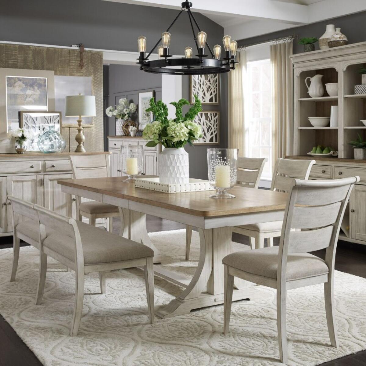 Farmhouse Reimagined Opt 6 Piece Trestle Table Set Dining Sets Antique White w/ Chestnut Tops 2 Farmhouse Reimagined Opt 6 Piece Trestle Table Set Dining Sets Antique White w/ Chestnut Tops 2