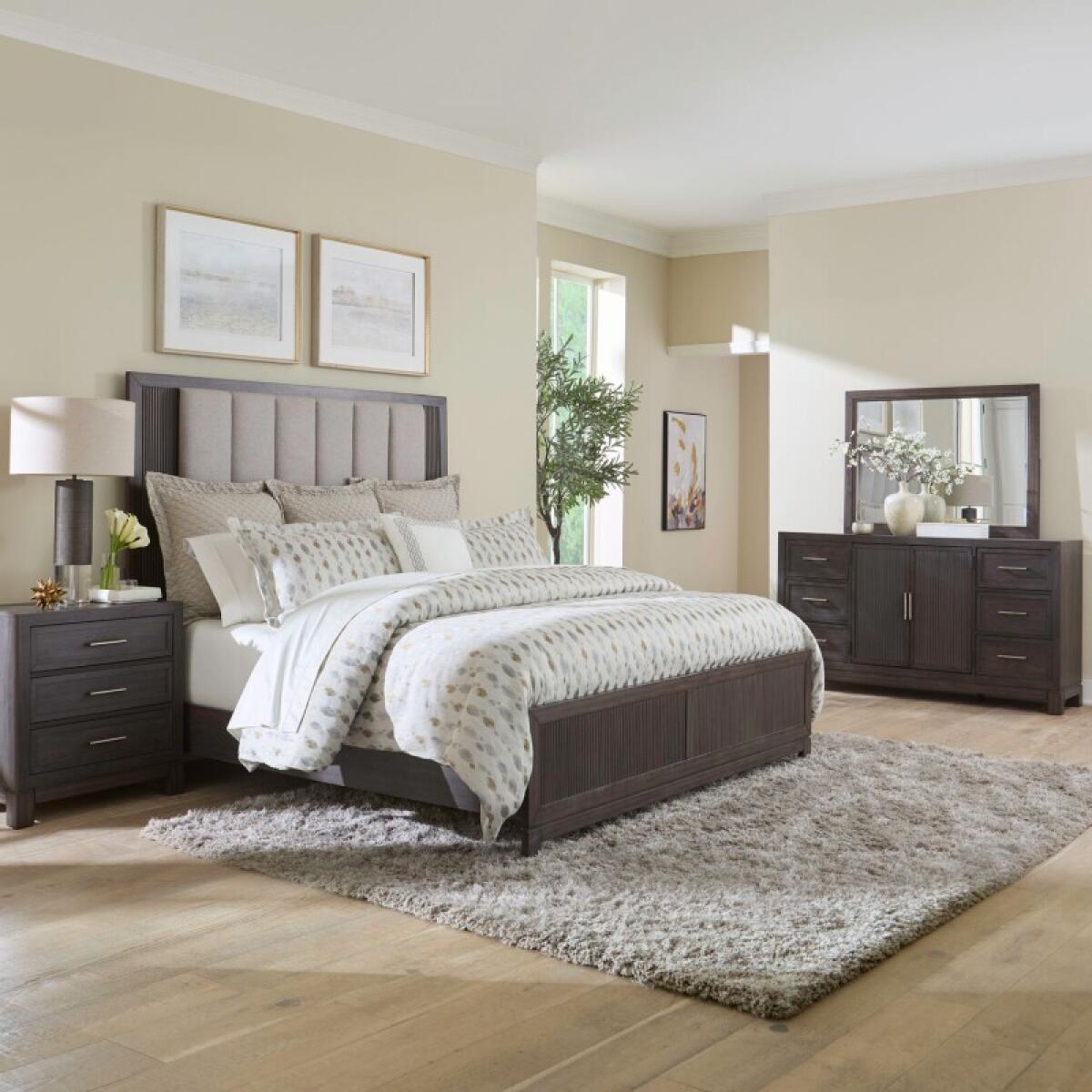 d229e1f80a18d8127f69c75c4bab34f1 King Uph Bed, Dresser & Mirror, Night Stand - Image 1