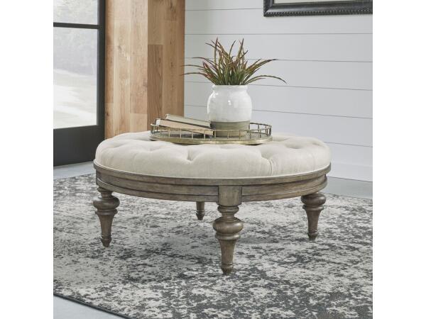 Americana Farmhouse Round Cocktail Ottoman Table Sets Brown
