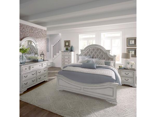 Magnolia Manor King Uph Bed, Dresser & Mirror, Chest, Night Stand Bedroom Sets Antique White & Weathered Bark