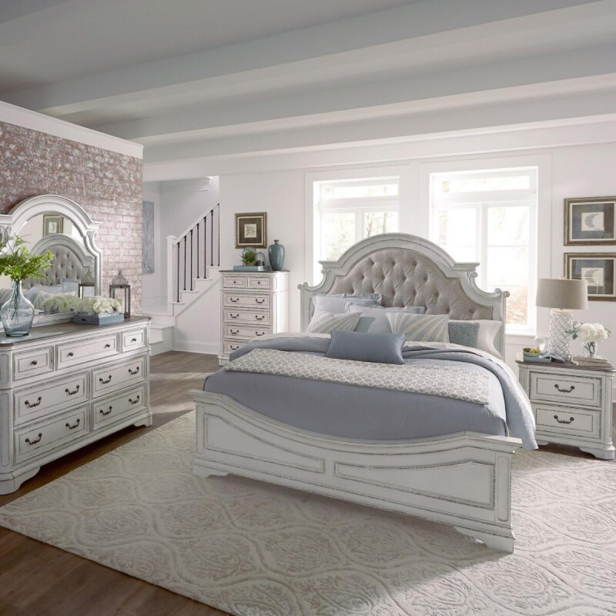 Magnolia Manor Queen Uph Bed, Dresser & Mirror, Chest, Night Stand Bedroom Sets Antique White & Weathered Bark 2 Magnolia Manor Queen Uph Bed, Dresser & Mirror, Chest, Night Stand Bedroom Sets Antique White & Weathered Bark 2