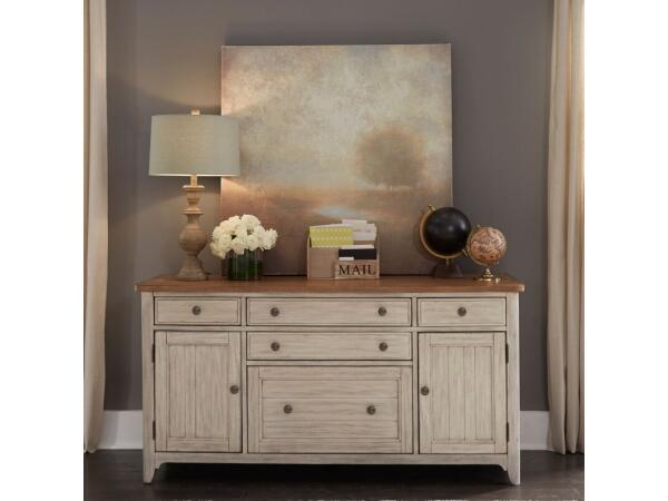 Farmhouse Reimagined Door Credenza Office Storage Antique White w/ Chestnut Tops