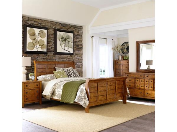Grandpas Cabin King California Sleigh Bed, Dresser & Mirror, Chest, Night Stand Bedroom Sets Aged Oak
