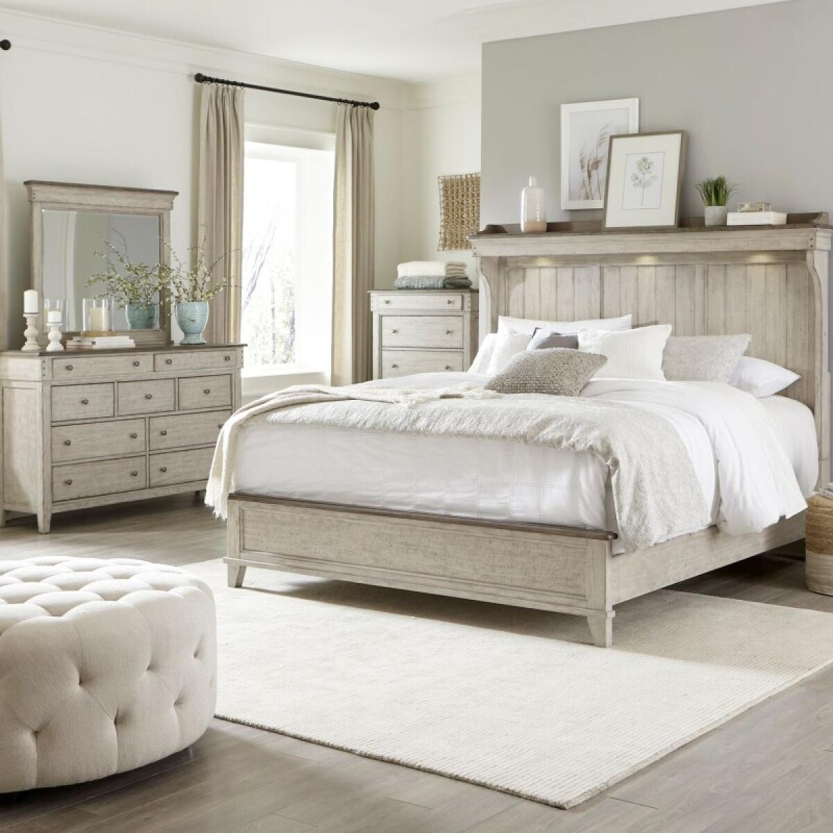 e561c9b57505dfd1427ae66a68272468 King Mantle Bed, Dresser & Mirror, Chest - Image 1
