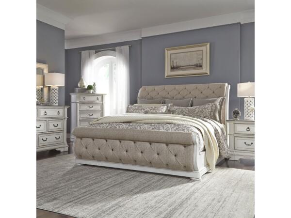 Abbey Park King California Sleigh Bed, Dresser & Mirror, Chest, Night Stand Bedroom Sets Antique White & Weathered Brown