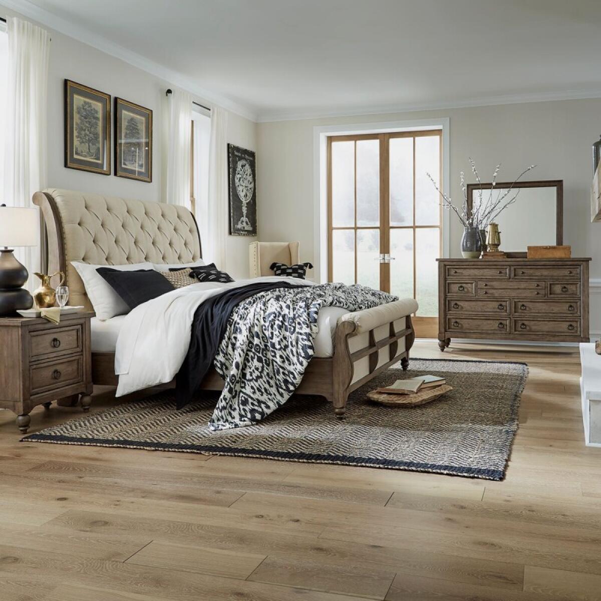 e9c775a9329e10f2c048102c88d28839 Americana Farmhouse King Sleigh Bed, Dresser & Mirror, N/S - Image 1