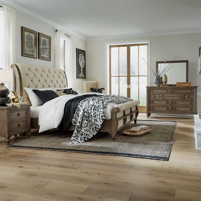 e9c775a9329e10f2c048102c88d28839 Americana Farmhouse King Sleigh Bed, Dresser & Mirror, N/S - Image 1