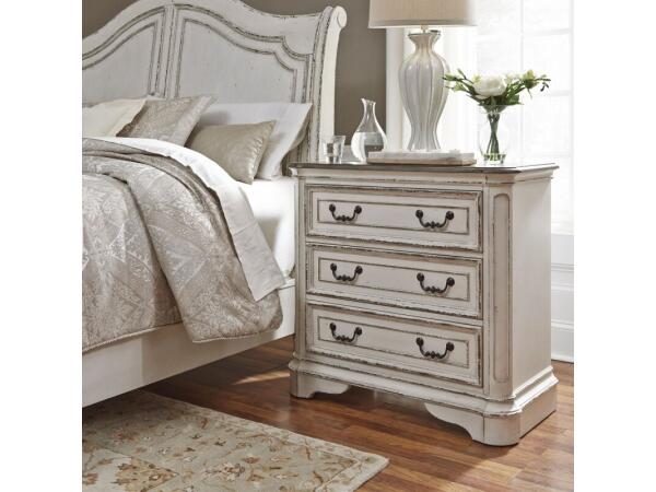 Magnolia Manor 3 Drawer Bedside Chest w/ Charging Station Nightstands Antique White & Weathered Bark