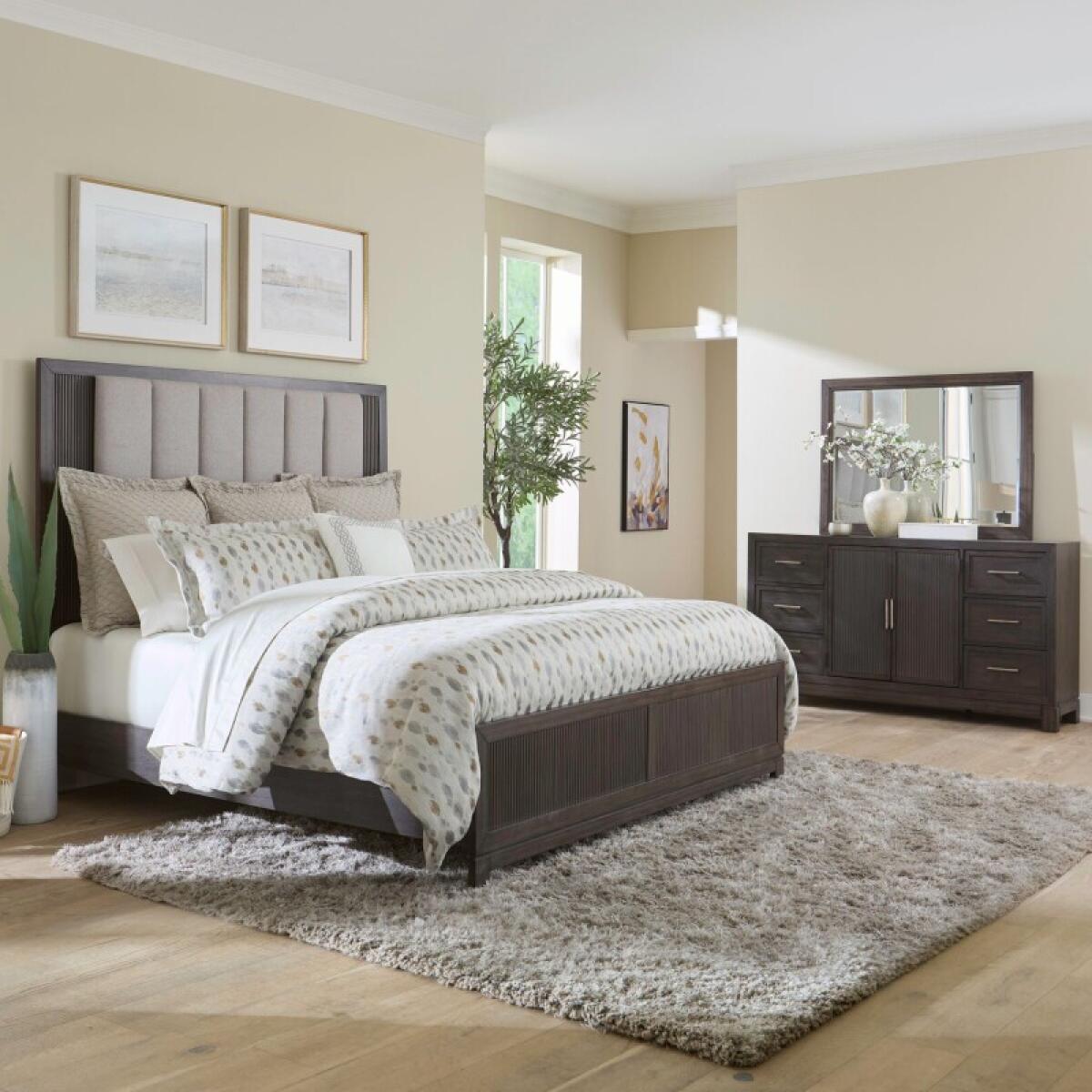 f12b41f4dd442730012e01429b6520ec Modern Edge Queen Uph Bed, Dresser & Mirror - Image 1