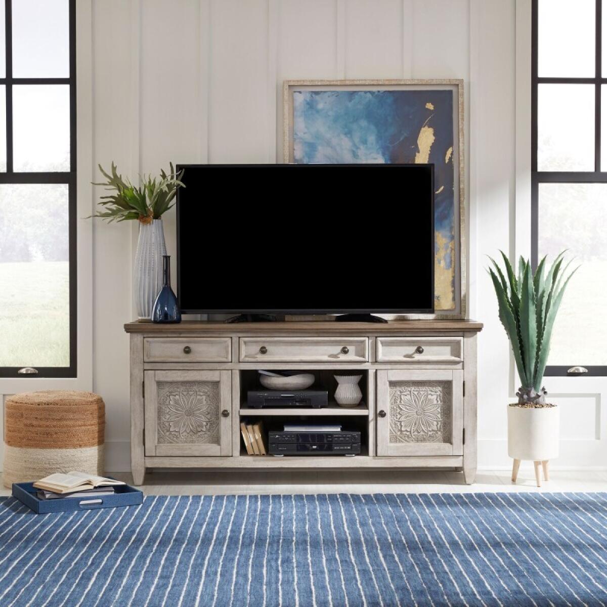 Heartland 66 Inch Tile TV Console Entertainment Stands Antique White w/ Tobacco Tops 2 Heartland 66 Inch Tile TV Console Entertainment Stands Antique White w/ Tobacco Tops 2