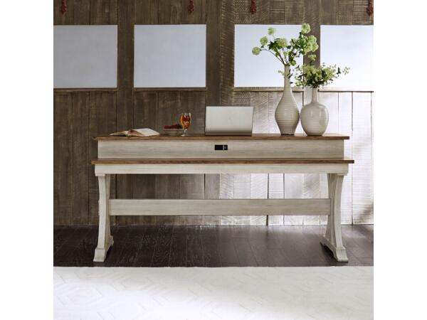 Farmhouse Reimagined Console Bar Table Console Tables Antique White w/ Chestnut Tops