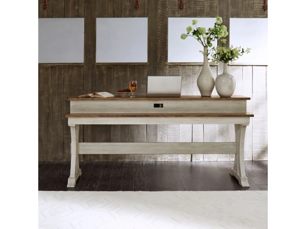 Farmhouse Reimagined Console Bar Table Console Tables Antique White w/ Chestnut Tops