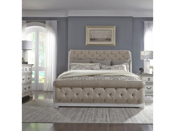 Abbey Park King Uph Sleigh Bed, Dresser & Mirror, Night Stand Bedroom Sets Antique White & Weathered Brown