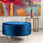 Natalia Round Blue Velvet Storage Ottoman Ottomans & Poufs Blue 10