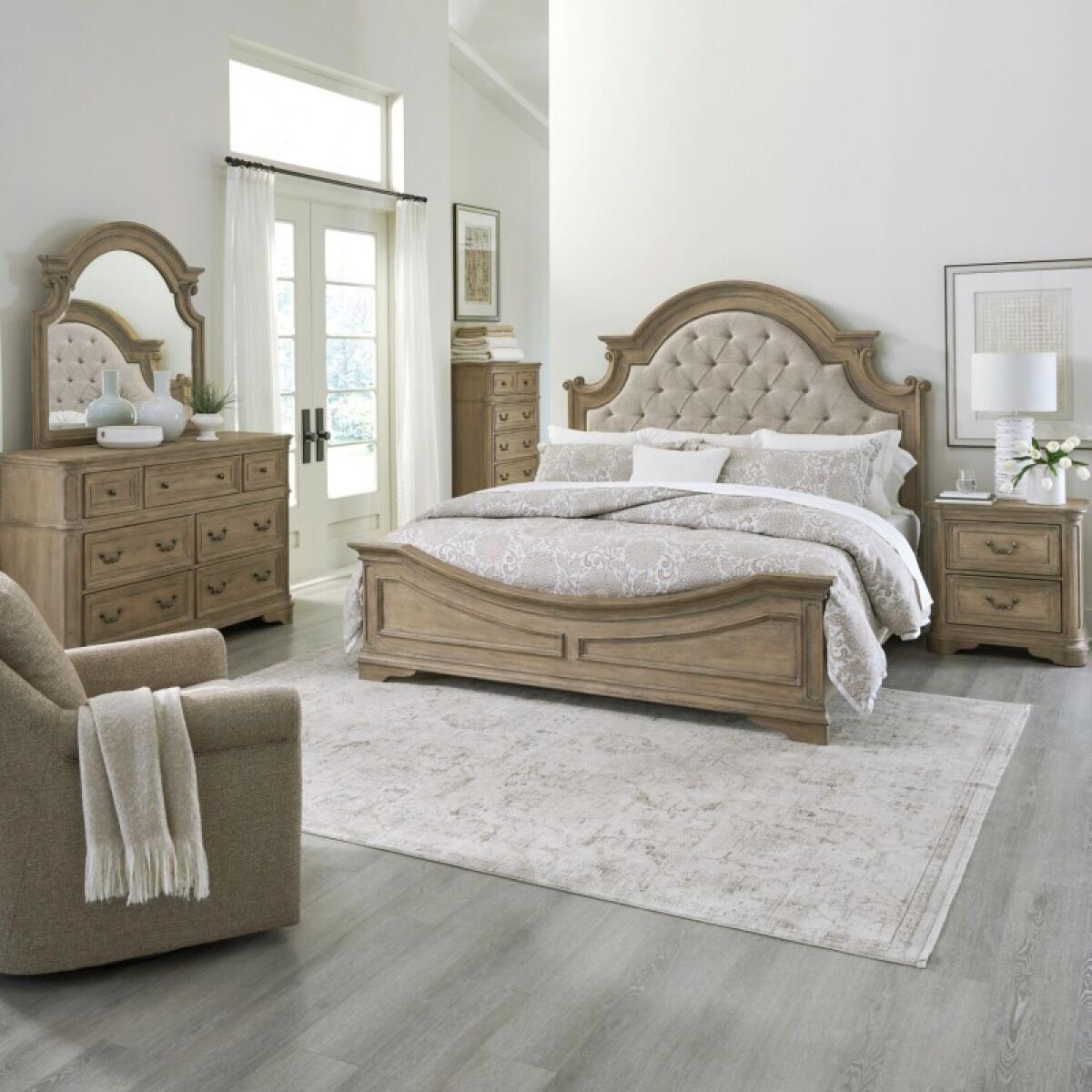 f7af90f355af8fe47103a5c78bfcb037 King Uph Bed, Dresser & Mirror, Chest, Night Stand - Image 1