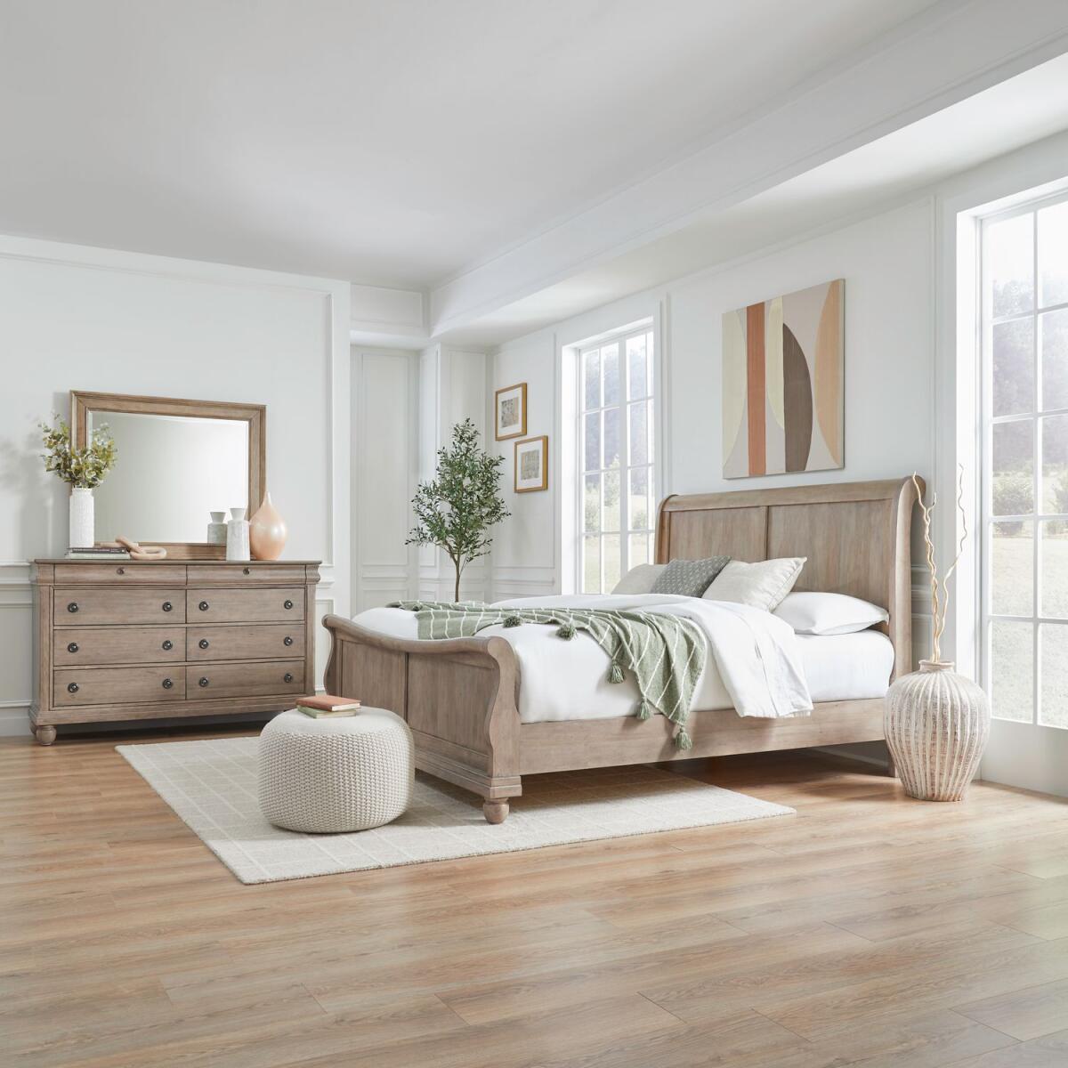 285e293b89858124193cbf6bf38e8650 King California Sleigh Bed, Dresser & Mirror - Image 1