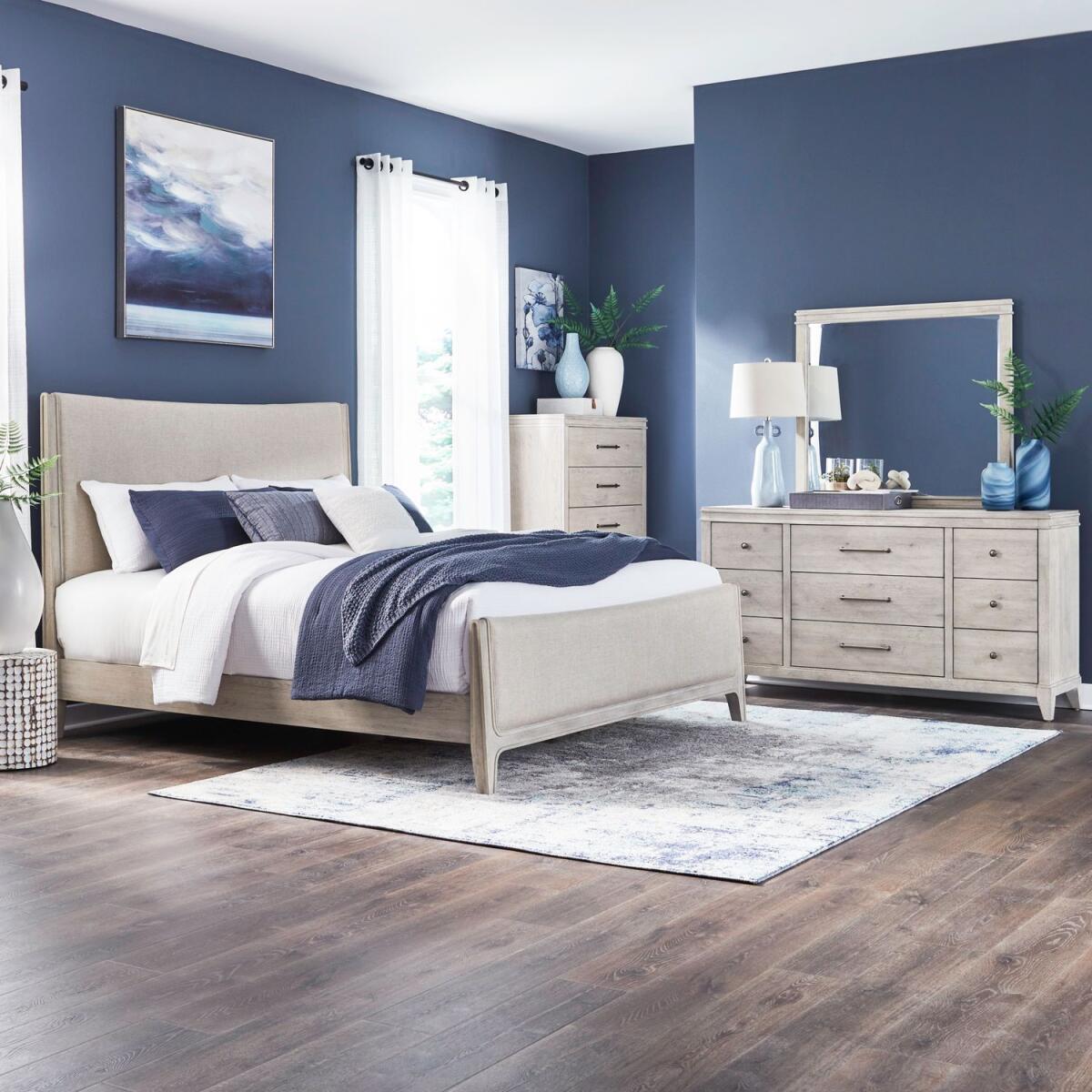 2b9026594fb56284608da280d13468e0 New Haven King Uph Bed, Dresser & Mirror, Chest - Image 1