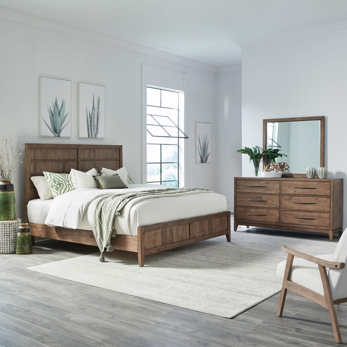 306d9b93a8d90e6a06310769a156e327 Shaker Lakes Queen Panel Bed, Dresser & Mirror - Image 1