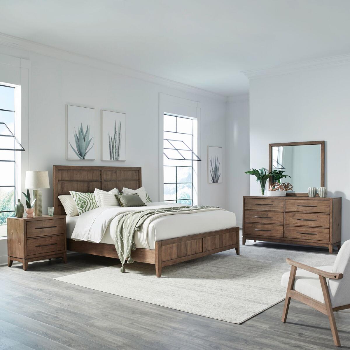 3240d3d1afae63242a245545690b6f6b Shaker Lakes King Panel Bed, Dresser & Mirror, Night Stand - Image 1