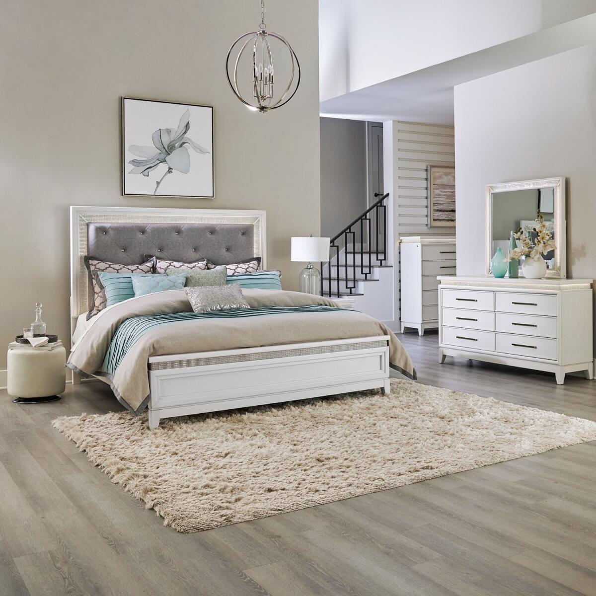 35261477edee5f2eae41d0dfe6ed77c7 King California Uph Bed, Dresser & Mirror, Chest - Image 1