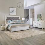 King California Uph Bed, Dresser & Mirror, Chest