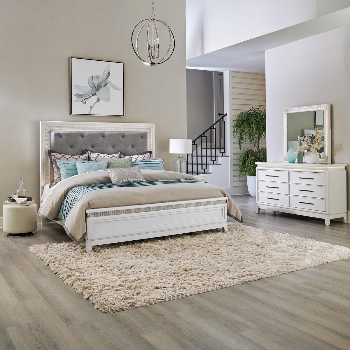 3d90ee676b2d82357d16e2482182cb86 King California Uph Bed, Dresser & Mirror - Image 1