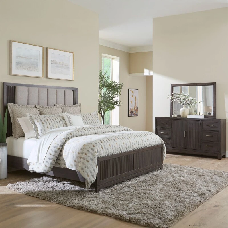 419f20405b9fe73d92c50072d3c6ab8e Modern Edge Opt Queen Uph Bed, Dresser & Mirror - Image 1