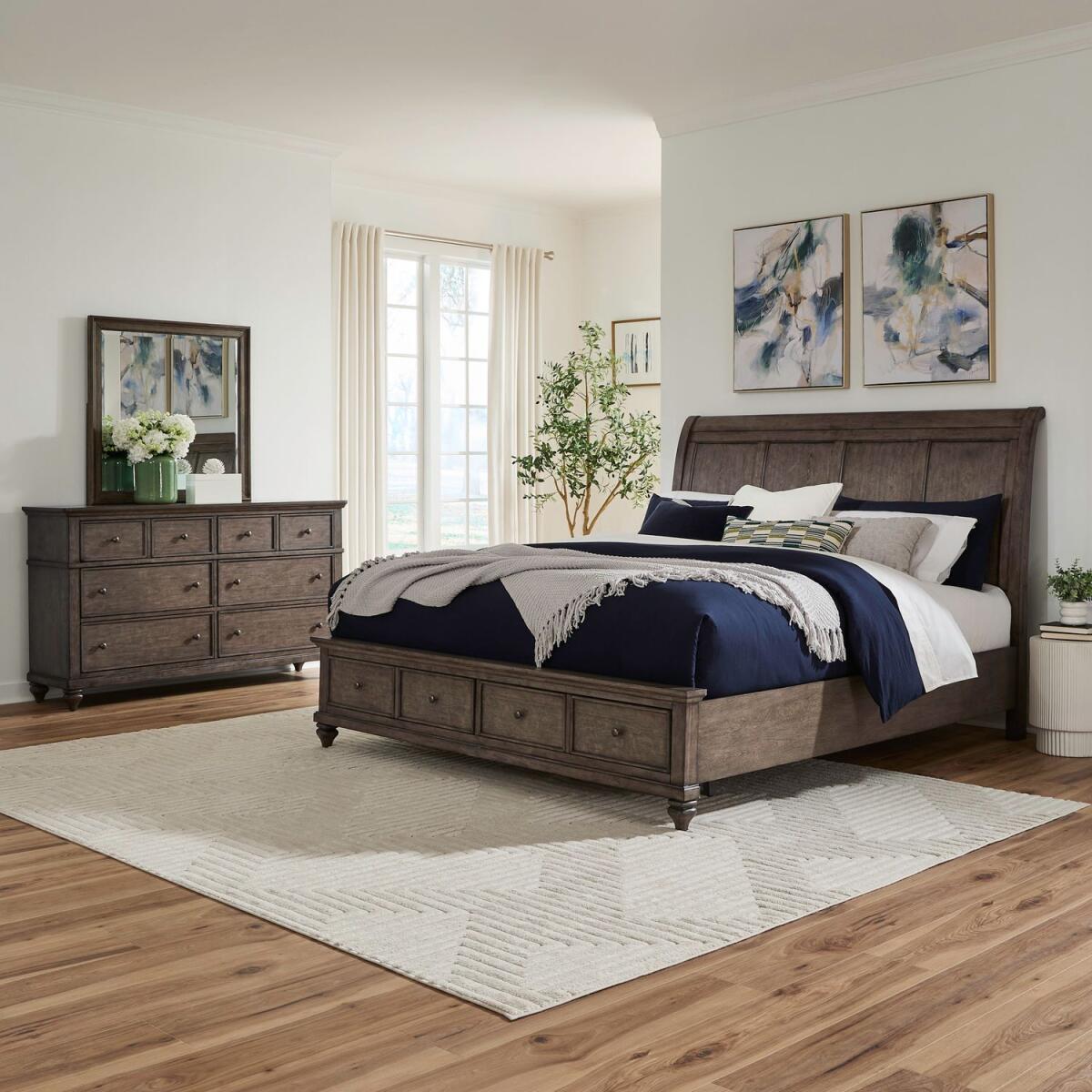 55f432ae20ff7a808f7b1ef78d4a0e28 Twin Lakes King Storage Bed, Dresser & Mirror - Image 1