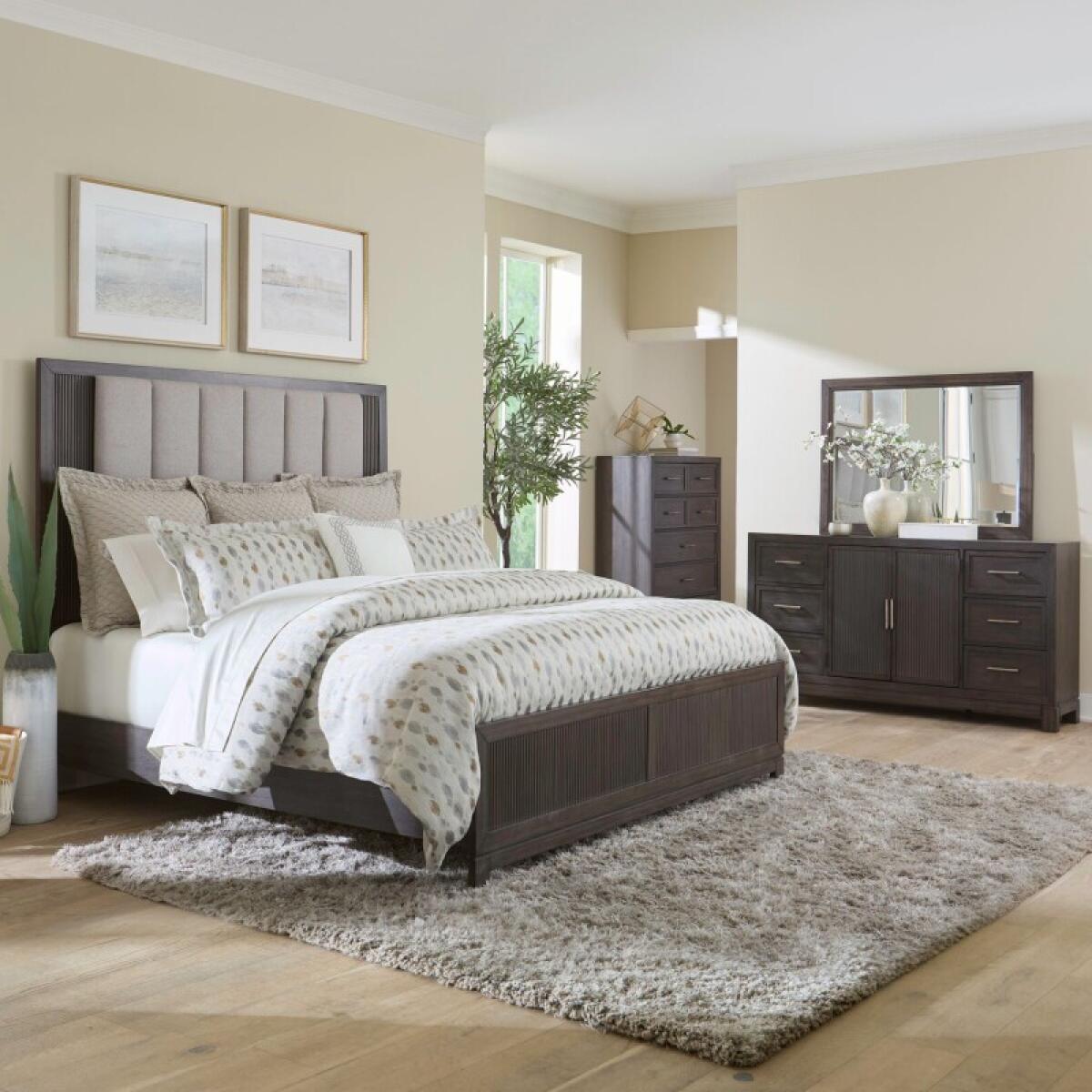 7c0e7641a98059a39d2888e824df3068 King California Uph Bed, Dresser & Mirror, Chest - Image 1