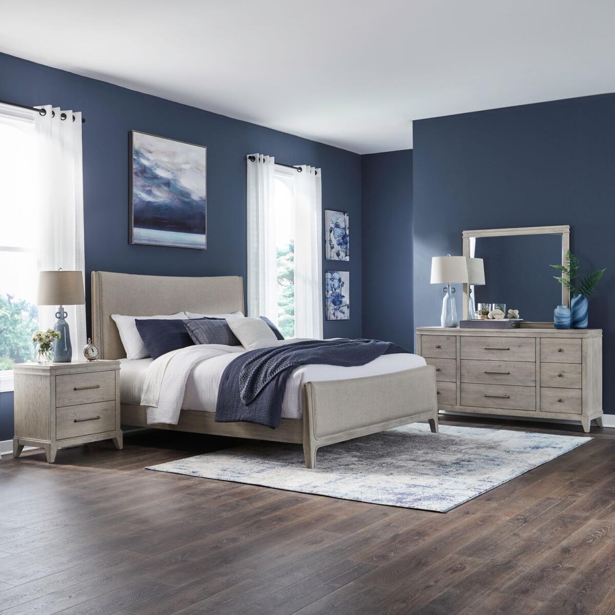 7fffd826c109801db0ec1461aa064275 King California Uph Bed, Dresser & Mirror, Night Stand - Image 1