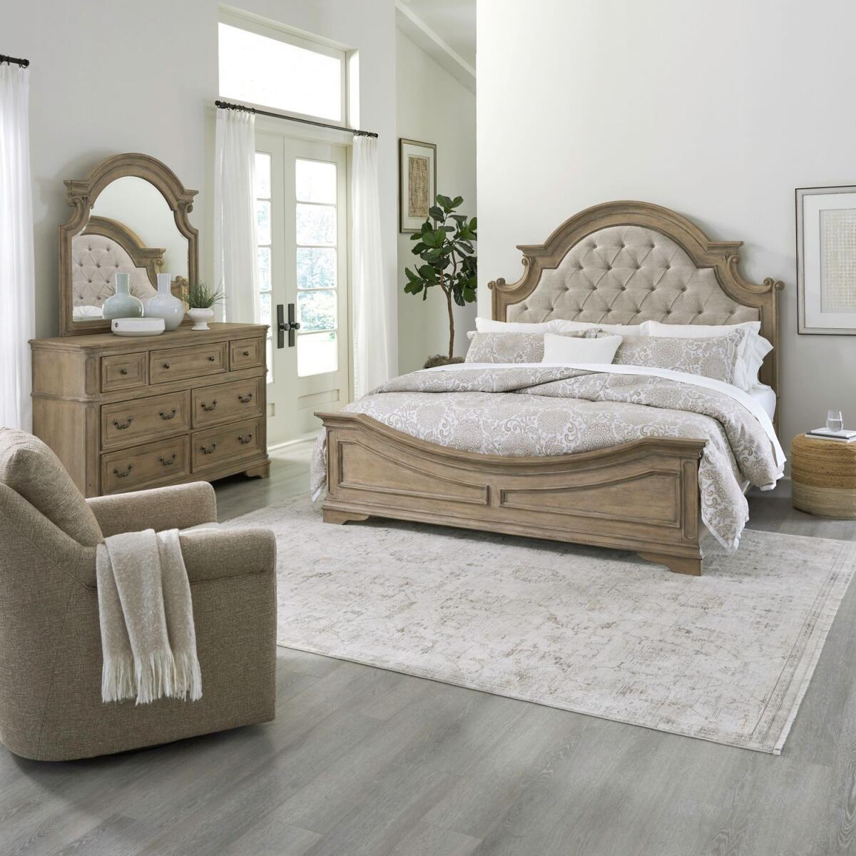 a6712ad6767c5f07ec5ff9332c0f8f4c Magnolia Manor King California Uph Bed, Dresser & Mirror - Image 1