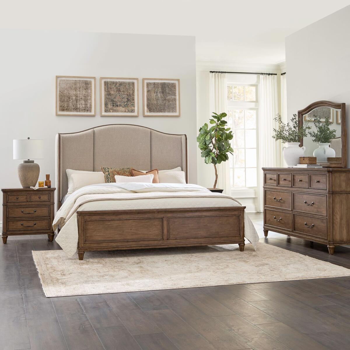 a7e1155ebe29b22293d96f9b22b1dc1b Queen Shelter Bed, Dresser & Mirror, Night Stand - Image 1