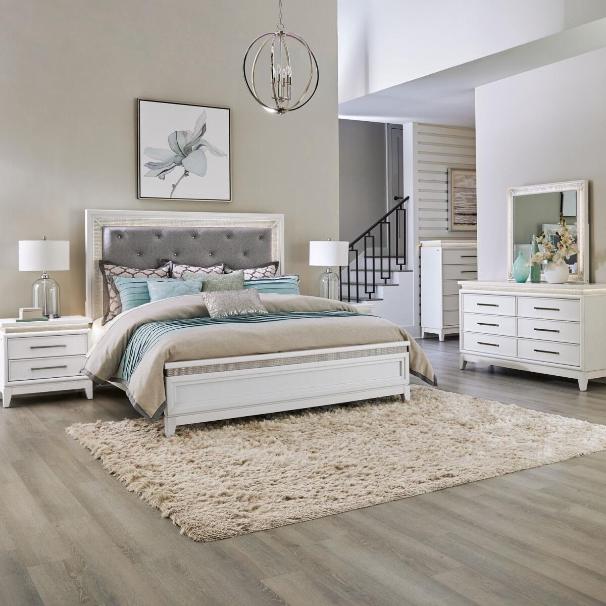 b5b6772e19cd1574d0a27c390fb0c1e3 King California Uph Bed, Dresser & Mirror, Chest, Night Stand - Image 1