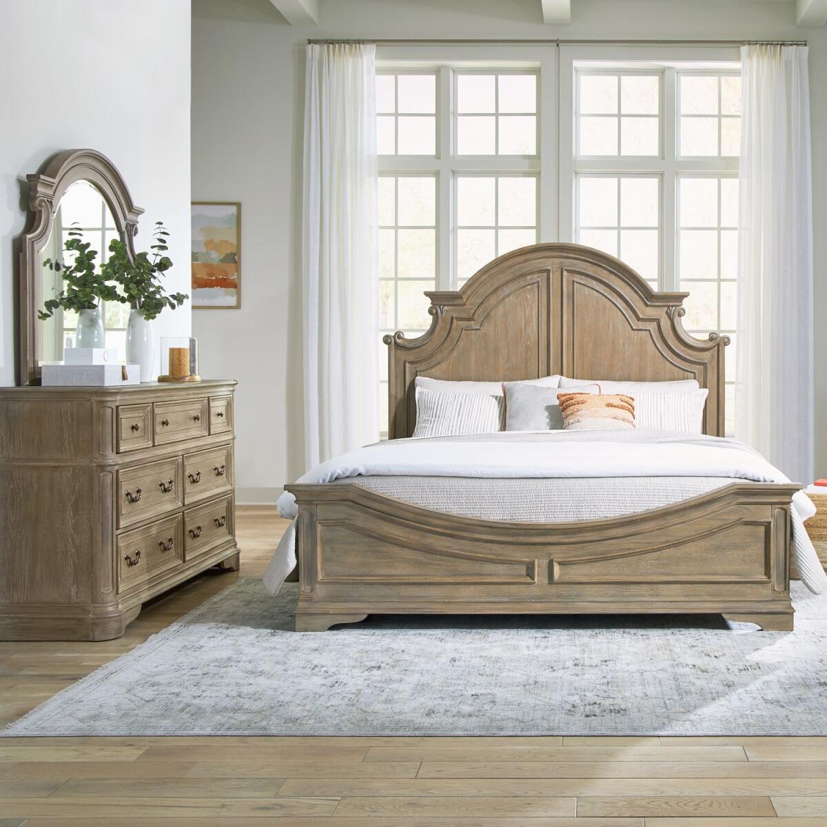 bab84e107fede06a096eae6a7b02e9fb Magnolia Manor King California Panel Bed, Dresser & Mirror - Image 1