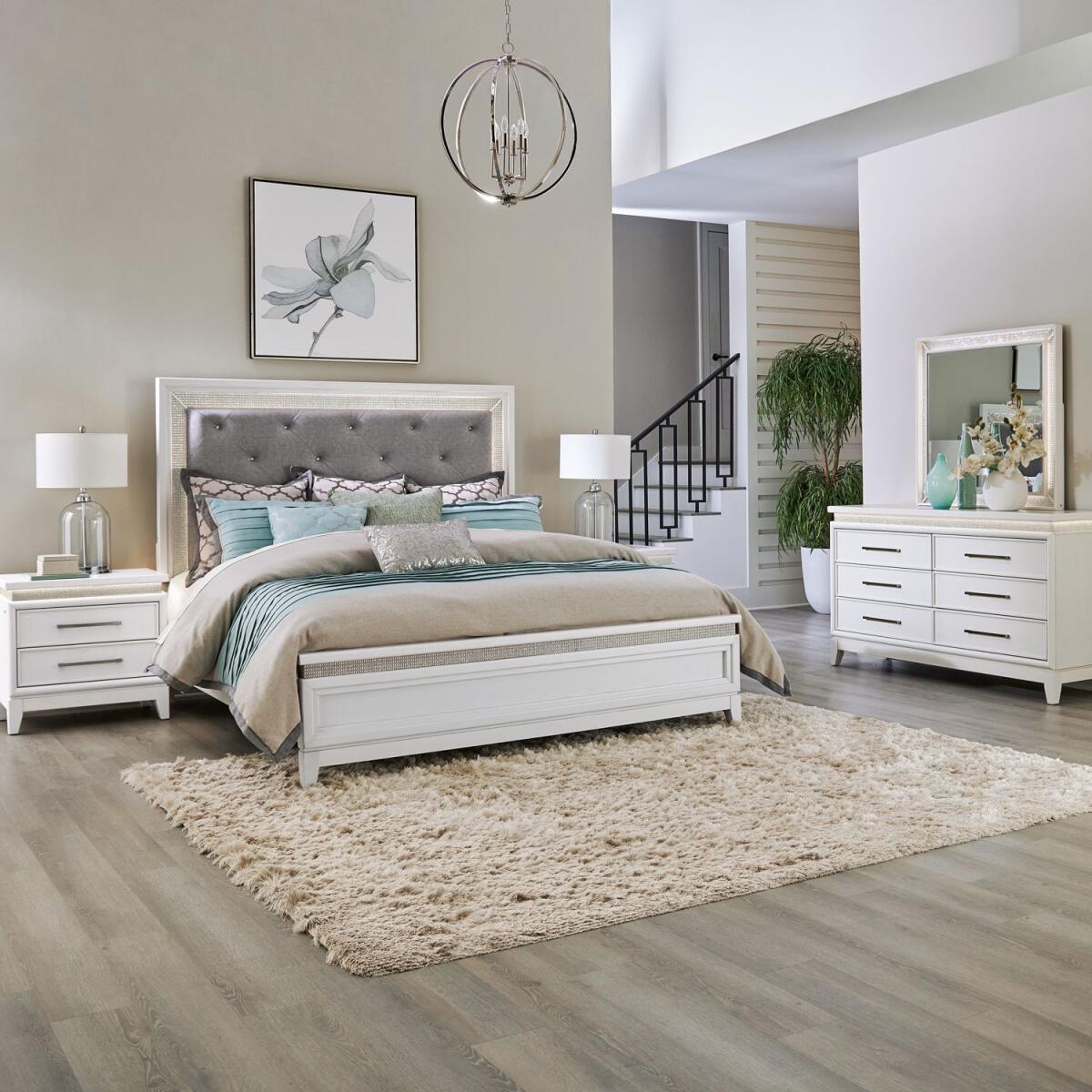 caa5697d548ae57b63094d66eb9b9426 King California Uph Bed, Dresser & Mirror, Night Stand - Image 1