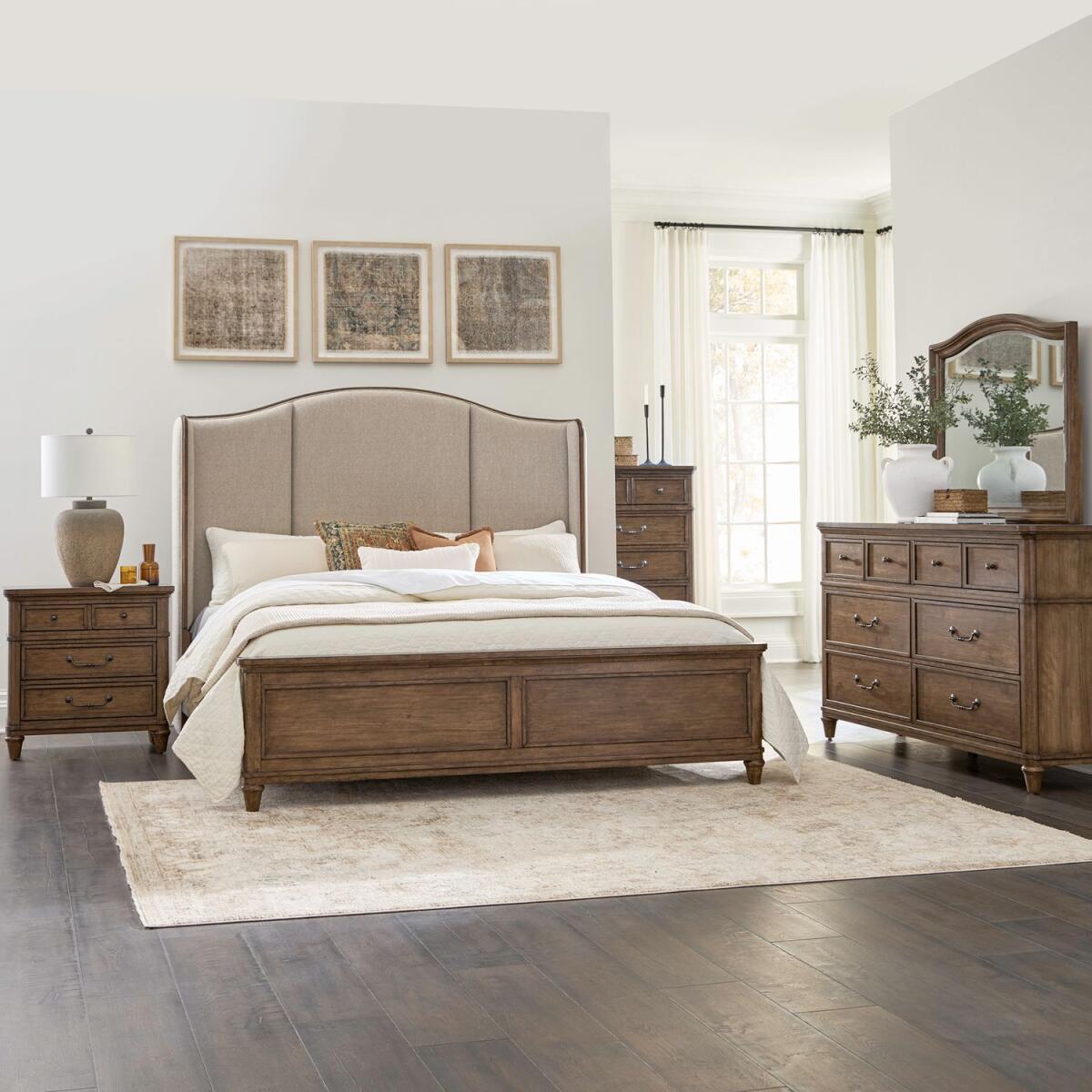 efae677c6503fa4ffde1964deaa9589f Queen Shelter Bed, Dresser & Mirror, Chest, Night Stand - Image 1