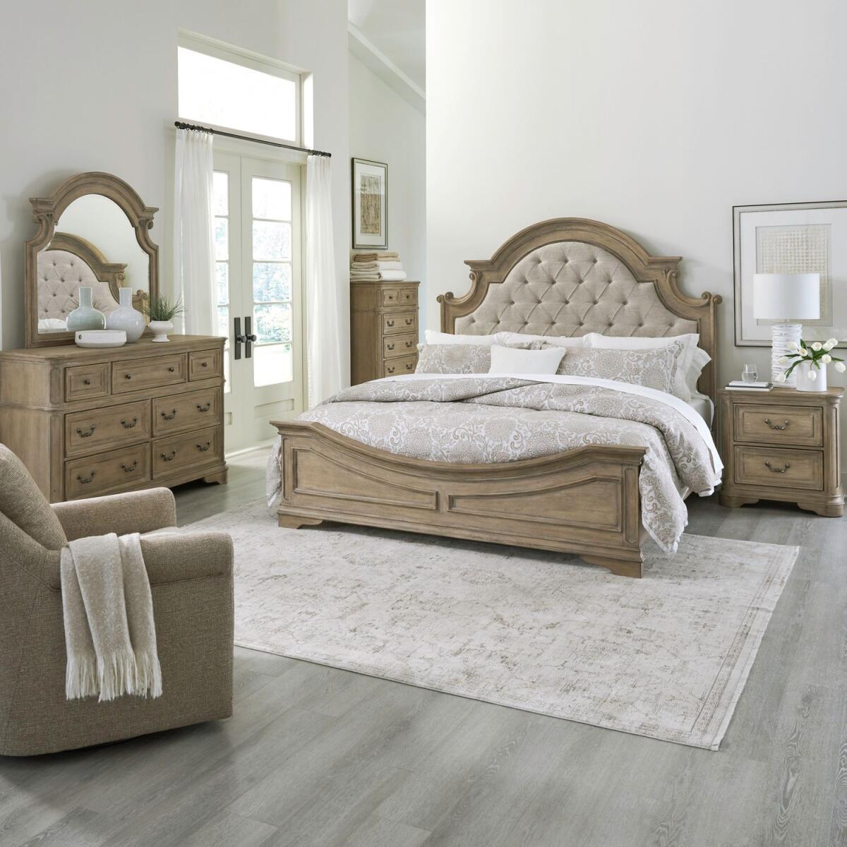 ff40792ead5da4f39ccb9a5f27f33eb2 Magnolia Manor King California Uph Bed, Dresser & Mirror, Chest, Night Stand - Image 1